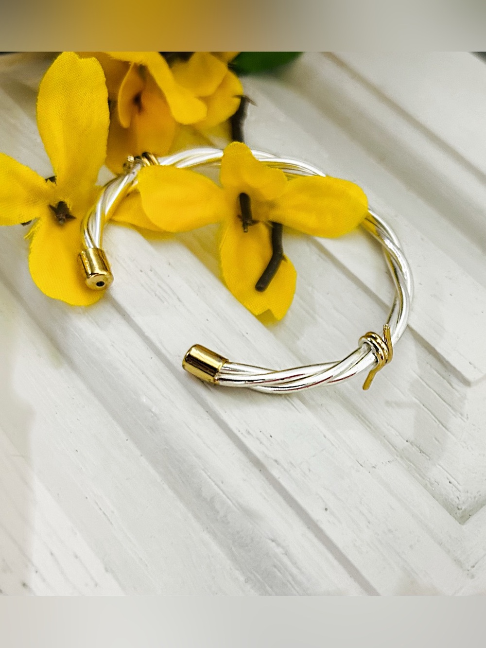 Elegant Two-Tone Twisted Cable Cuff Bracelet - Silver and Gold - Picture 5 of 11